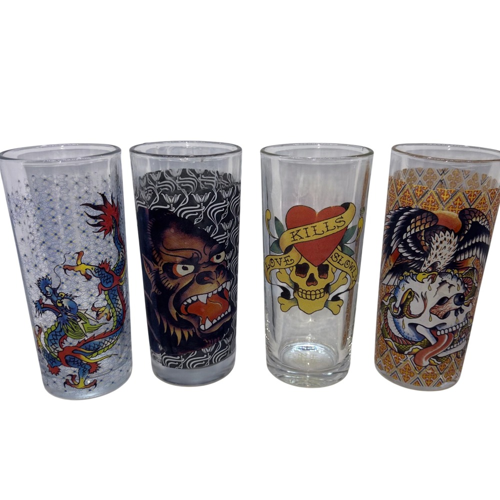 Tattoo Art Christian Ed Hardy Drinking Glasses lot of 4